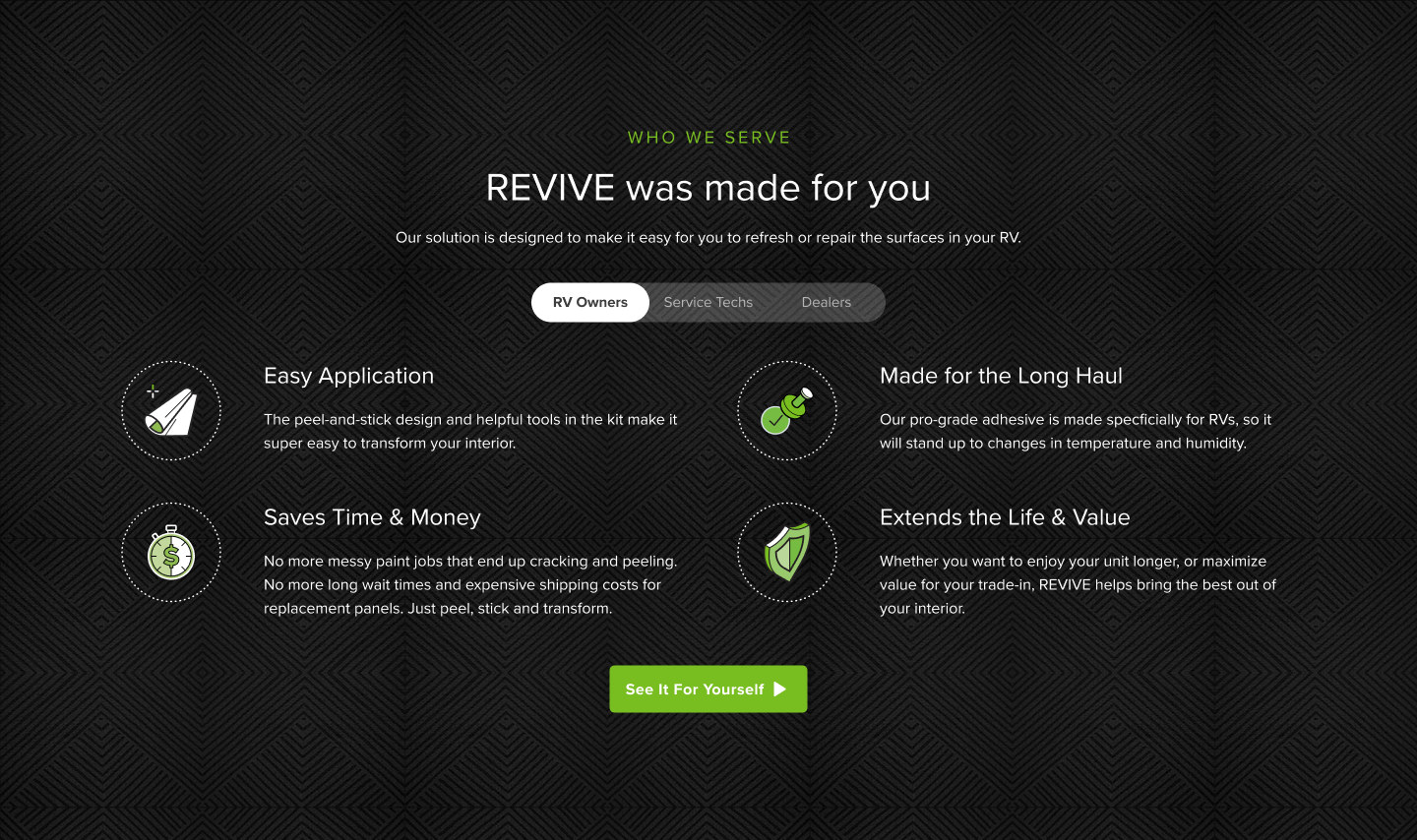 REVIVE audience tabs for RV owners, service techs and dealers